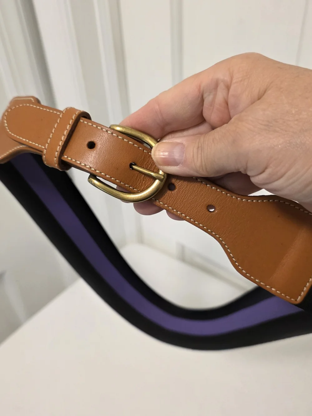 EC J. McLaughlin Black & Purple Striped Stretch Belt Brown Leather Trim Sz L/XL